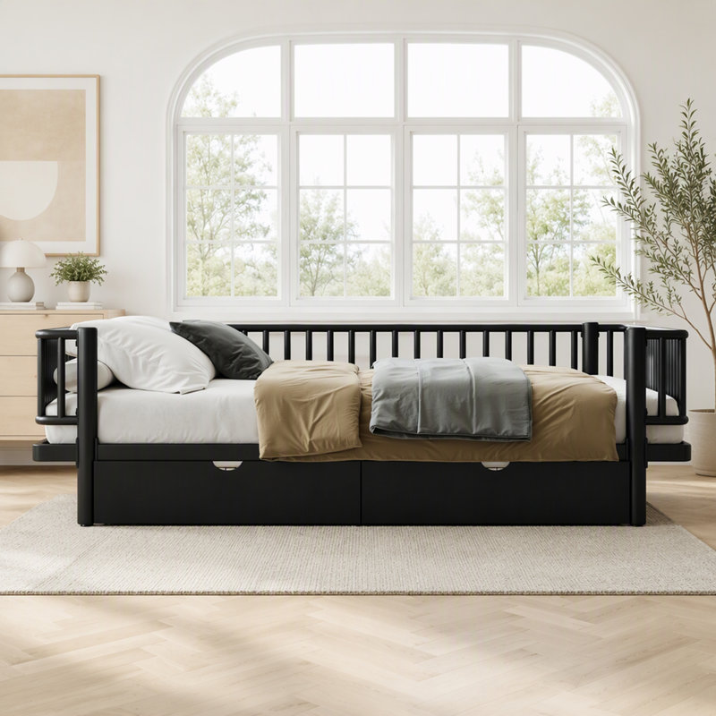 Lit de jour Queen Size avec tiroirs, Noir