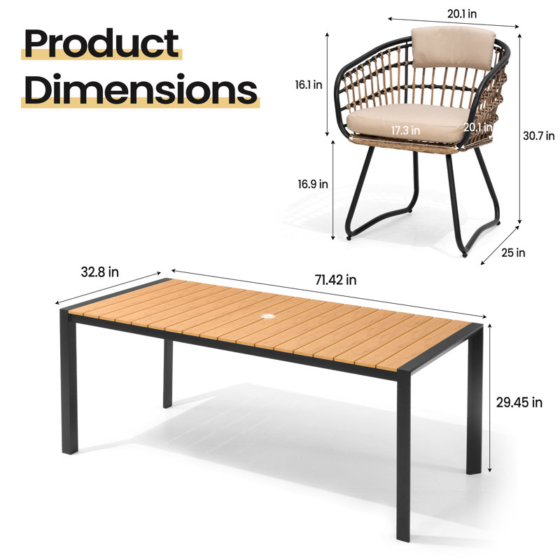 6 - Person Aluminum Patio Dining Set With Rattan Chairs And Umbrella Hole, Beige Cushion/Brown Table Top