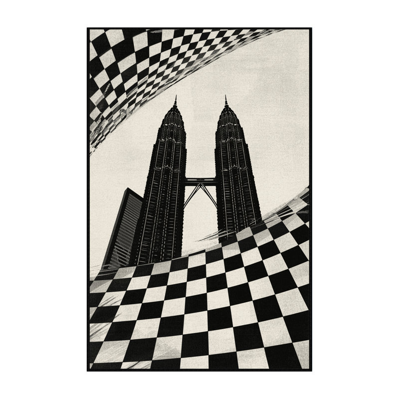 Machine Washable Orsolya Kuala Lumpur Petronas Towers Modern Checkered Rug in Beige – Black Binding, 6x9