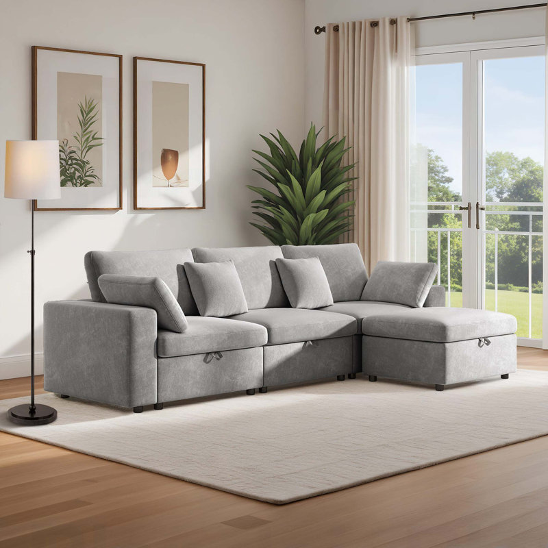 Canapé modulaire surdimensionné de 118 po avec repose-pieds avec rangement, canapé en L en velours avec coussins amovibles, canapé rembourré pour la chambre à coucher du salon, facile à assembler, gris