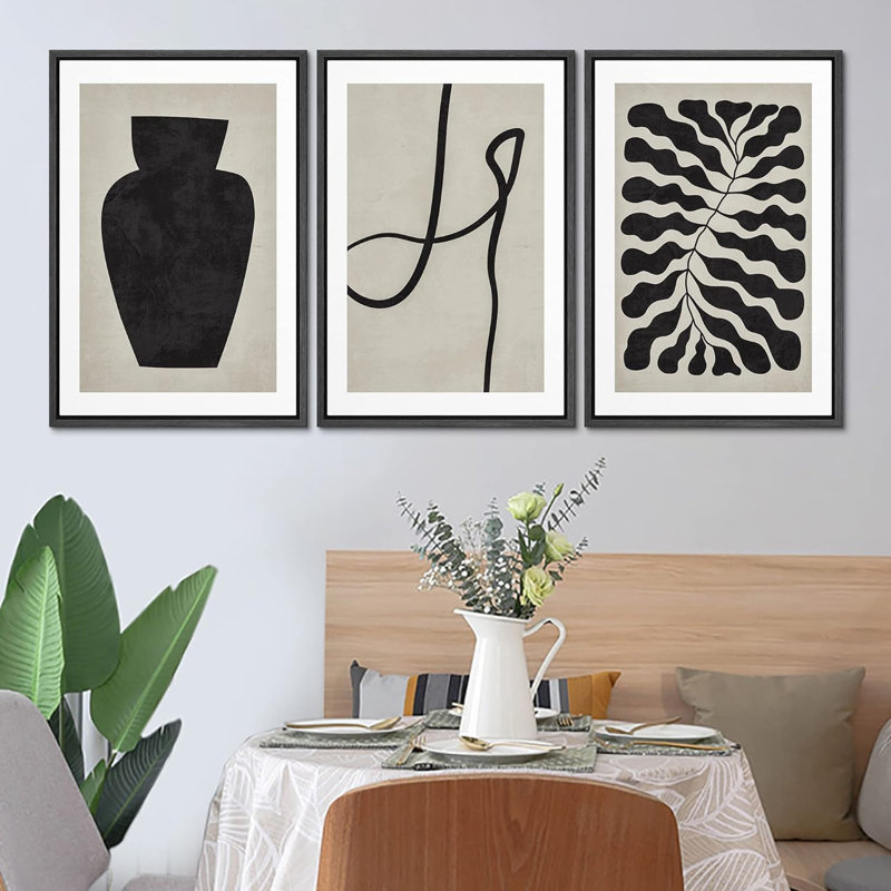 " Forest Plant Vase Line Art Collage Abstract Nature Neutral Modern Art Decor Contemporary " 3 - Pieces, Noir
