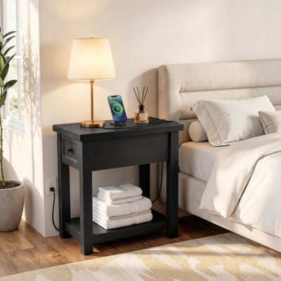 Solid Wood End Table With One Drawer And Charging Station