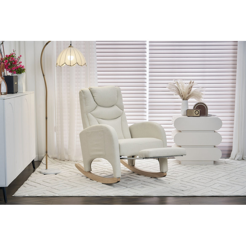 Chaise berçante en coton et lin avec repose-pieds réglable, Beige