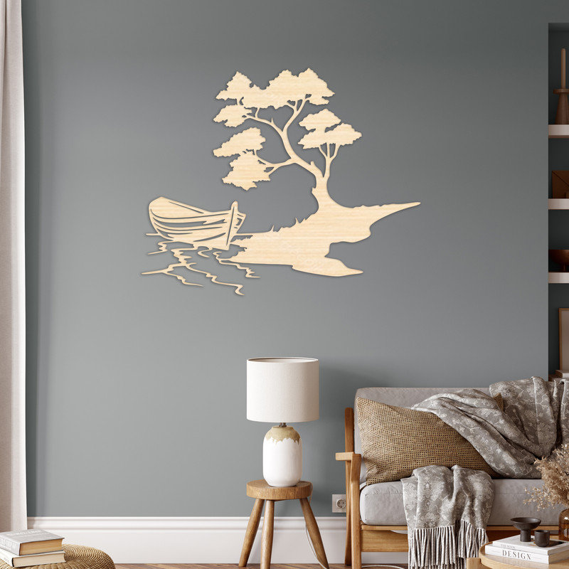 Art mural abstrait d'un bateau et d'arbres sur une île - ACM, Argent, H 26 po x l 32 po x P 0,25 po