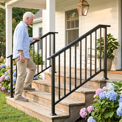 Wrought Iron Outdoor Stair Handrail, All-Weather Anti-Rust Powder Coated Stair Railing With Drainage Holes, Anti-Slip Safety Support Rail Fits Concrete Brick Wood Garden Porch Steps