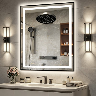 Miroir de salle de bain avec cadre en aluminium noir, éclairage DEL avant et arrière, traitement antibuée, luminosité réglable, 3 températures de couleur et verre trempé.