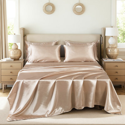 Ensemble d'édredon en satin avec ensemble de draps pour très grand lit 8 pièces Silk Like Taupe