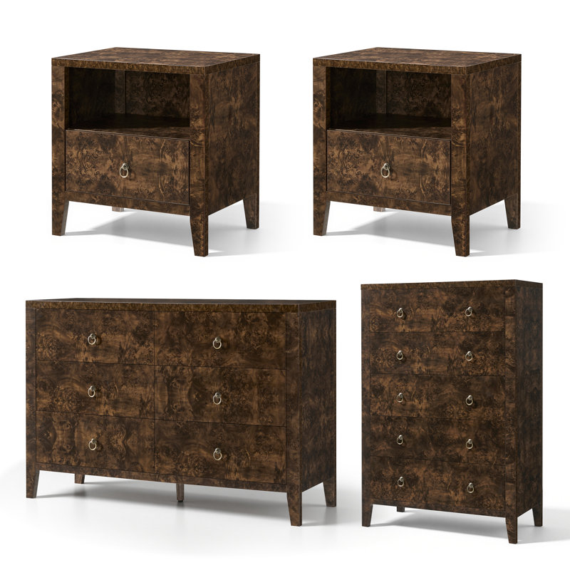 Ensemble de chambre à coucher 4 pièces comprenant 2 tables de chevet, une commode à 5 tiroirs et une coiffeuse à 6 tiroirs, brun