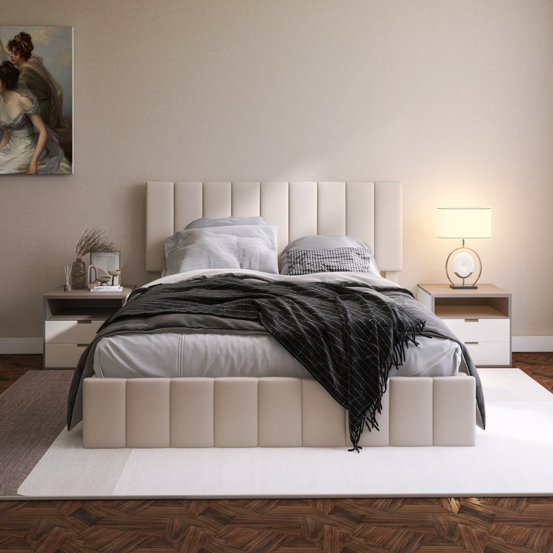 Upholstered Platform Bed With A Hydraulic Storage System, Beige, Queen