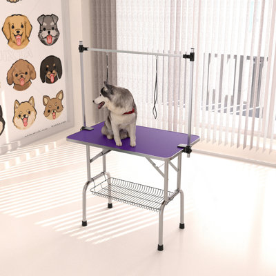 36" Folding Dog Pet Grooming Table Stainless Steel Frame Rubber Mat On Board With Adjustable Arm And Clamps Pet Dog Cat Grooming Table (Purple Color)