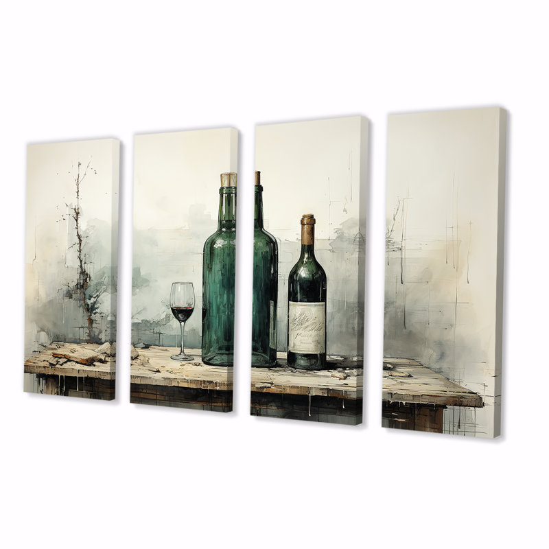 «Green Minimalist Wine Bottles Silhouette IV», art mural 4 pièces, H 32 po x l 64 po