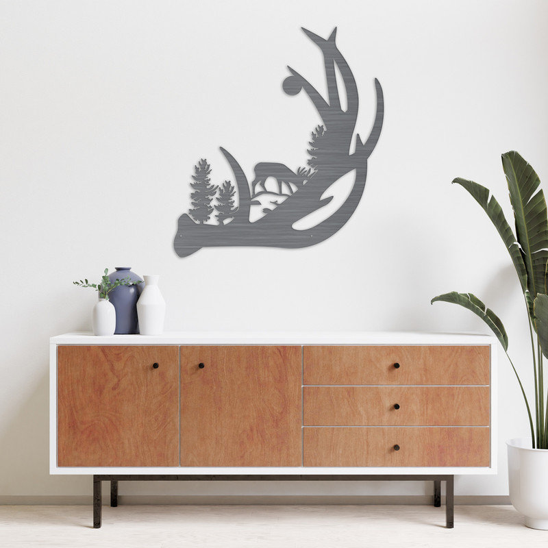Art mural abstrait avec orignal et bois de cerf - ACM, H 46 po x l 41,8 po x P 0,25 po, Blanc