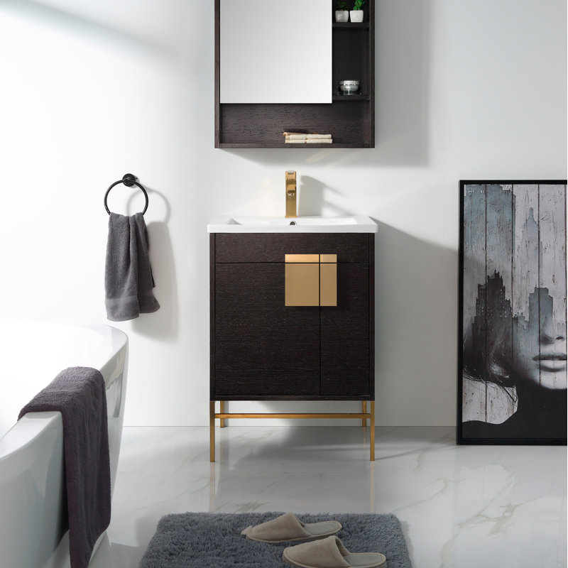 Maisie 24 " W Freestanding Standard Single Vanity Bathroom Vanity With Solid Wood Top, Black Oak Straight Grain, Satin Brass