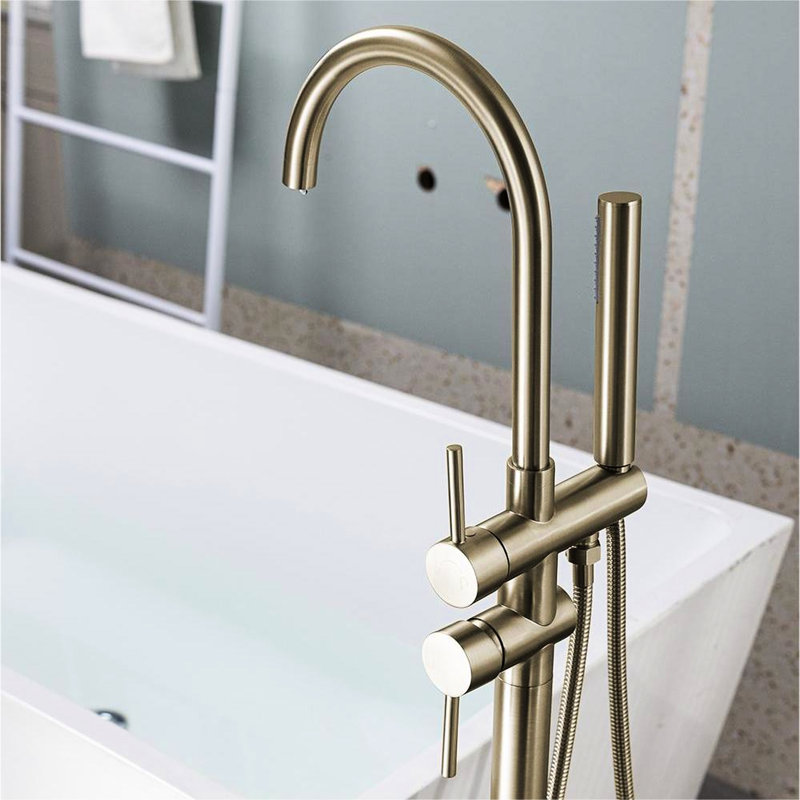 Robinet de baignoire à fixation au sol en or brossé - Robinet de baignoire autoportant avec douche à main et débit de conception tendance dans un processus de fabrication avancé