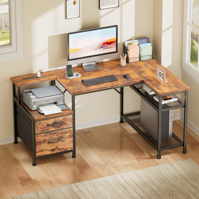 L-Shaped Desk with Charging Station, 2 Fabric Drawers & Adjustable Shelves,Home Office Computer Desk for Small Spaces