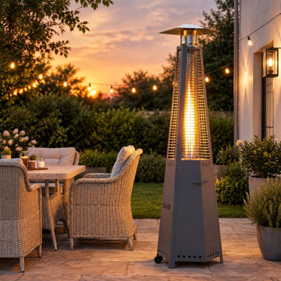 Chauffage de terrasse pyramidal hexagonal, 48 000 BTU, en acier inoxydable, fonctionnant au propane, avec roues et housse étanche, chauffage réglable et protection anti-basculement pour les réunions au bord de la piscine dans le jardin.