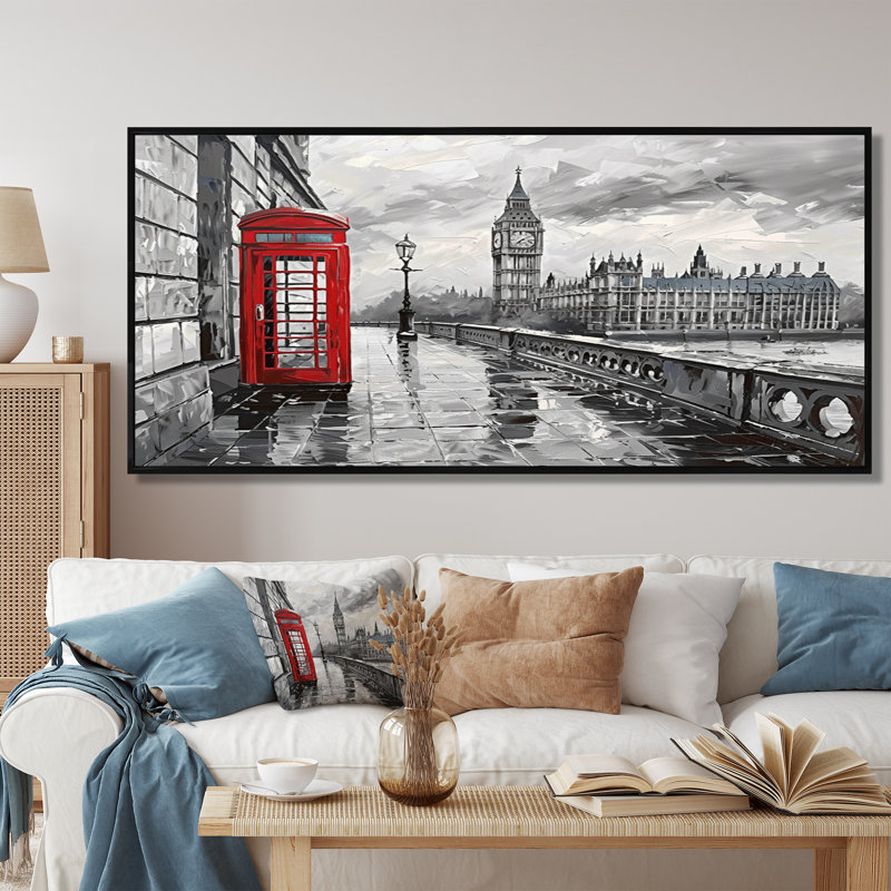 Yoann - City London Wall Ar, reproduction d'art murale, Toile avec cadre flottant noir, H 28 po x l 60 po x P 1,5 po