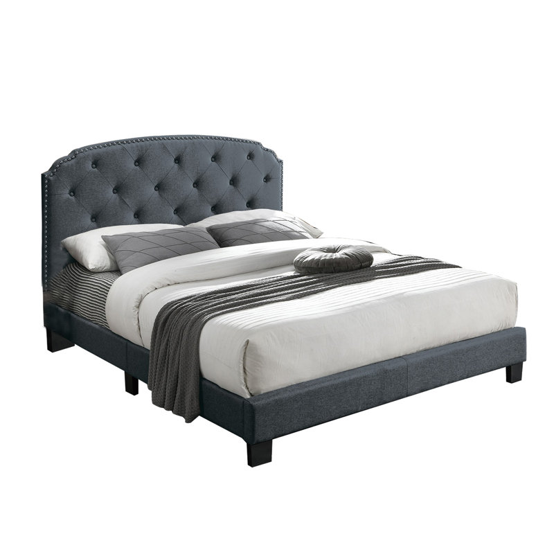 Lit plateforme tapissier en bois massif, Gris, Grand