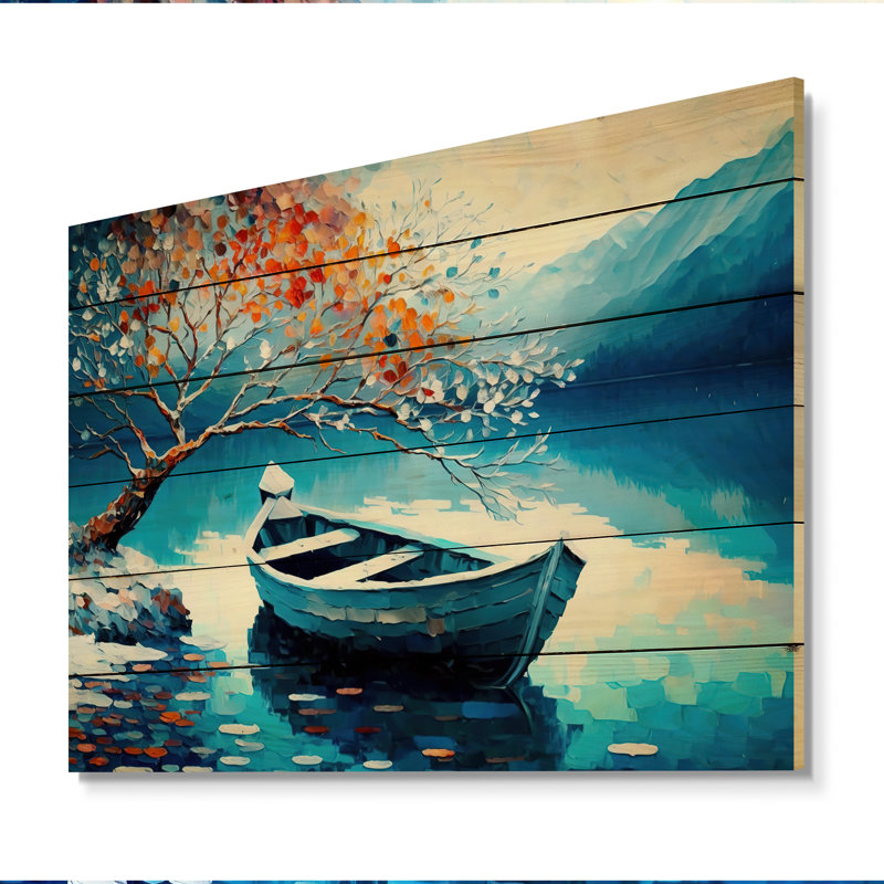 Samak Canoe On Lake In Winter - impression sans cadre sur bois, H 24 po x l 32 po x P 1 po