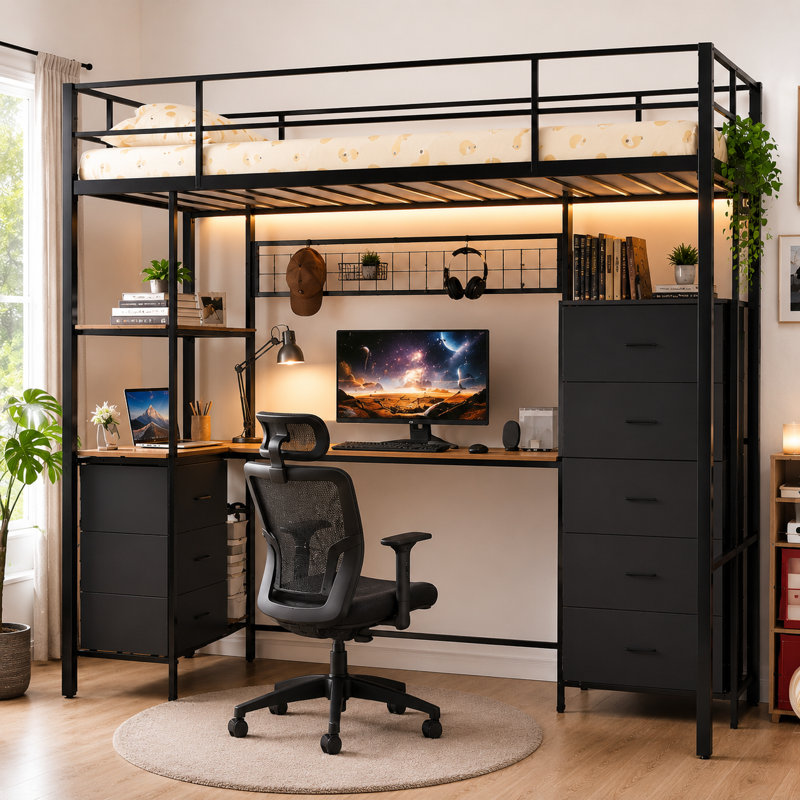 Loft Bed with L-Shaped Desk & RGB LED Lights, Built-in Power Outlets & USB Ports, 8 Storage Drawers & Shelves, Security Guardrail for Teens & Adults, Space-Saving Study Gaming Bed Frame for Bedroom