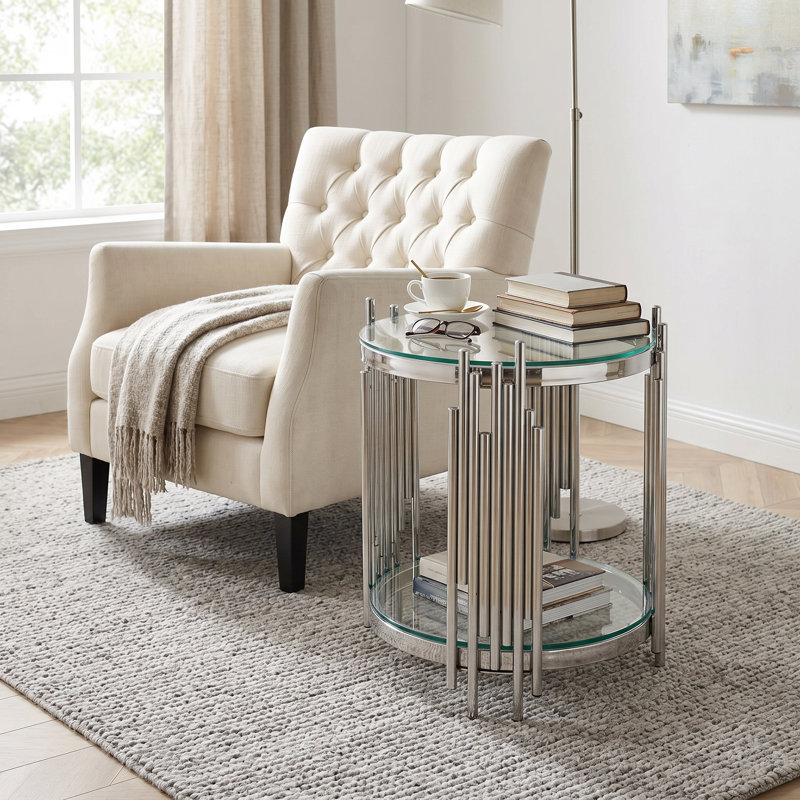 Table de bout d'appoint ronde de luxe moderne avec tablette en verre trempé à 2 niveaux et structure en acier inoxydable miroir argenté pour le salon, petits espaces