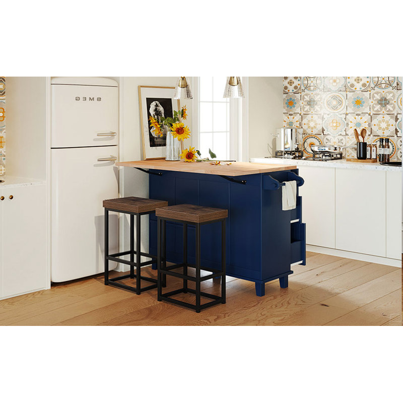 Farmhouse Kitchen Island Set with Drop Leaf and 2 Seatings,Dining Table Set with Storage Cabinet, Drawers and Towel Rack