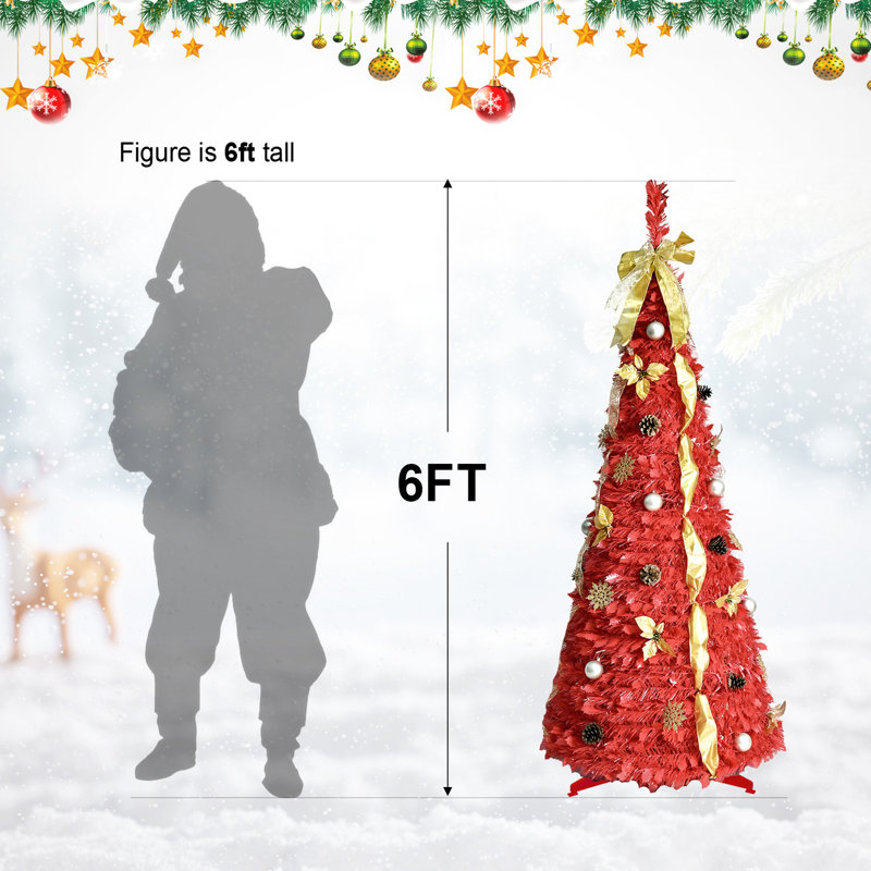 Arbre de Noël rouge de 6 pi avec un design escamotable, 150 lumières DEL blanc chaud, des rubans, des fleurs, des flocons de neige, des pins et des boules, idéal comme arbre de décoration de pièce secondaire, espace et rangement facile