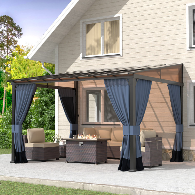 10'×12' Hardtop Gazebo with Slanted Polycarbonate Roof, Heavy-Duty Iron Frame, Privacy Curtains & Mesh Netting