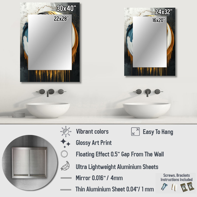 Black And Gold Moon Lines IV - Abstract Shapes Large Mirror, Gold Decorative Wall Mirror, Printed Metal Art, 32" x 24"
