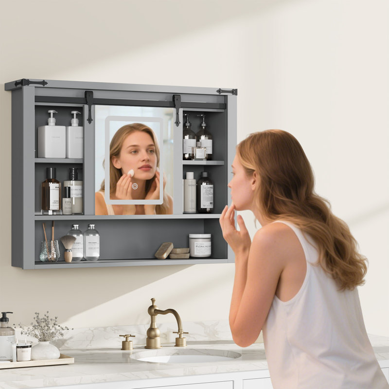 Bathroom Wall Cabinet, Sliding Barn Door Storage Cabinet, Gray