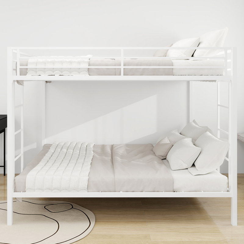 Lit carré superposé en fer carré, lit simple supérieur et lit double inférieur, Blanc