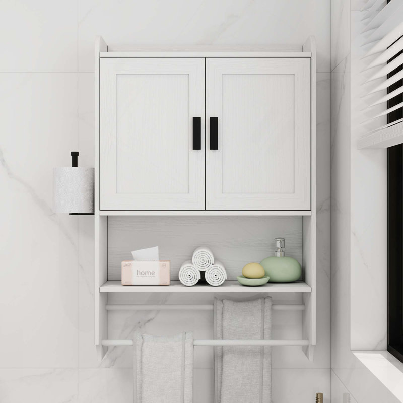 Bathroom Wall Cabinet With Adjustable Shelf, Towel Bar, Paper Holder And Multifunctional Storage Space, White