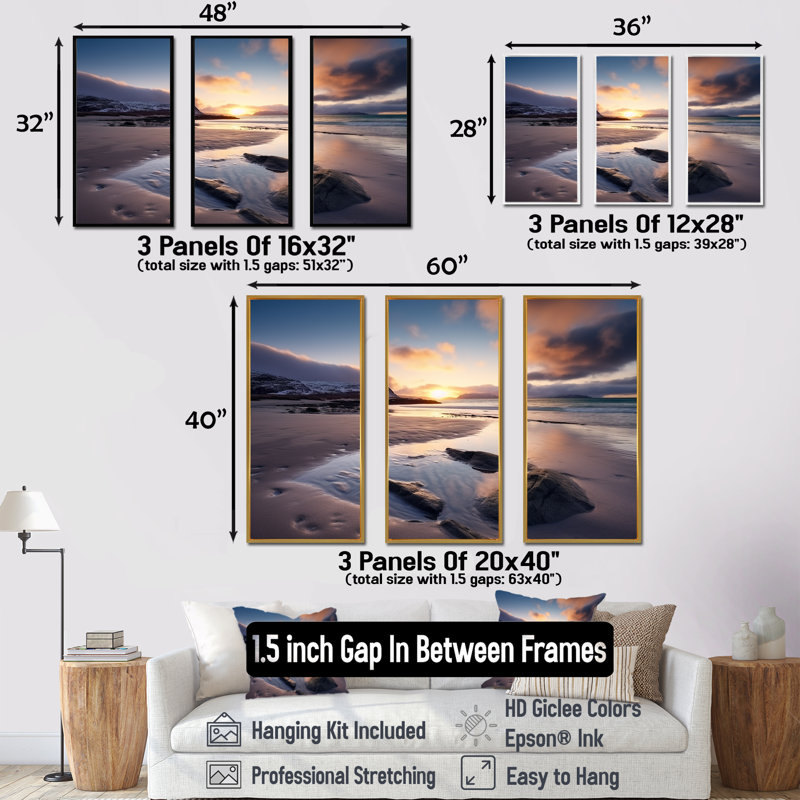 Lever de soleil sur la plage rocheuse III - art mural plage, H 40 po x l 61 po x P 1 po, Cadre flottant brun