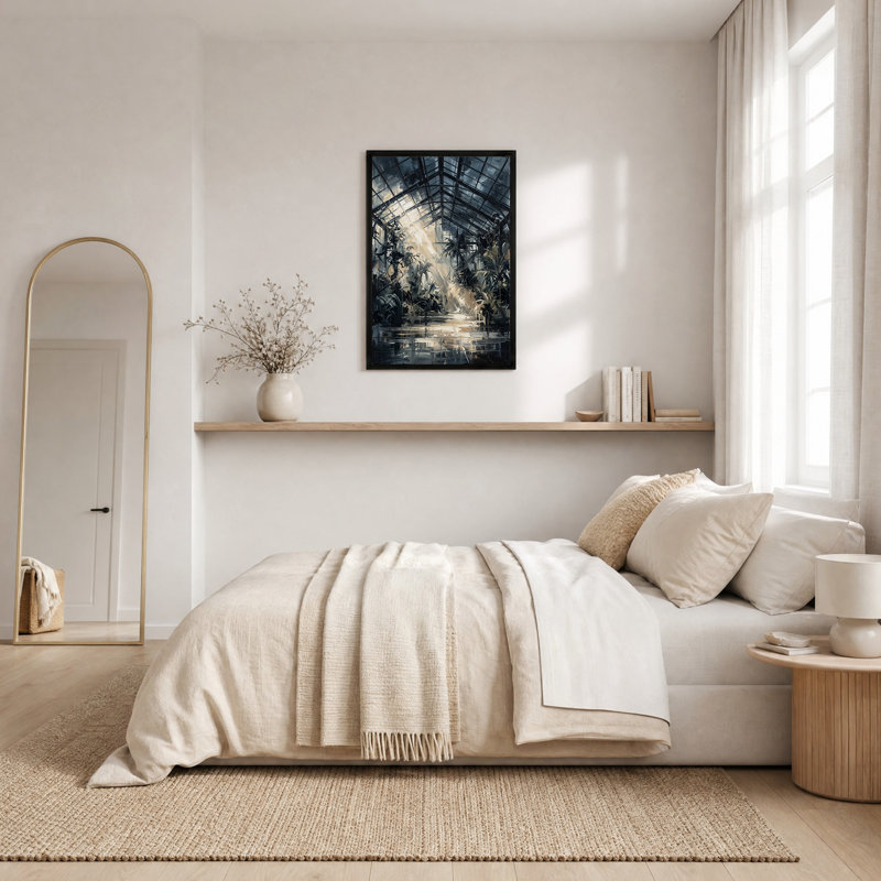 Tableau sur toile représentant des plantes tropicales ensoleillées dans une serre, H 18 po x l 12 po