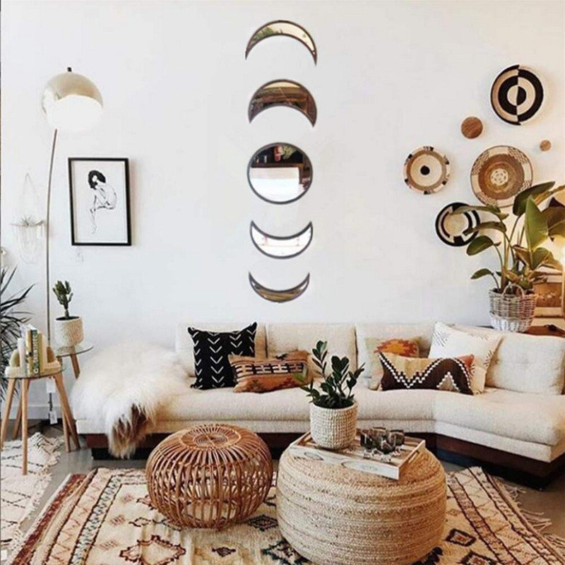 5 pièces miroir de phase de lune en bois bohème, Beige