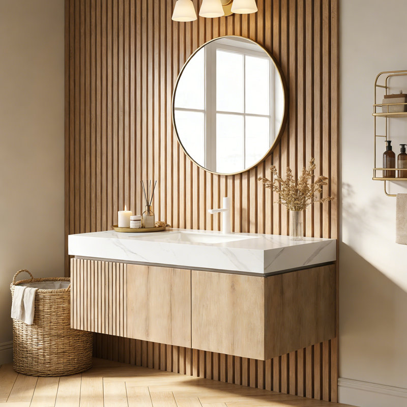 Meuble-lavabo flottant avec espace de rangement multifonctionnel et trou de robinet simple, Chêne blanc