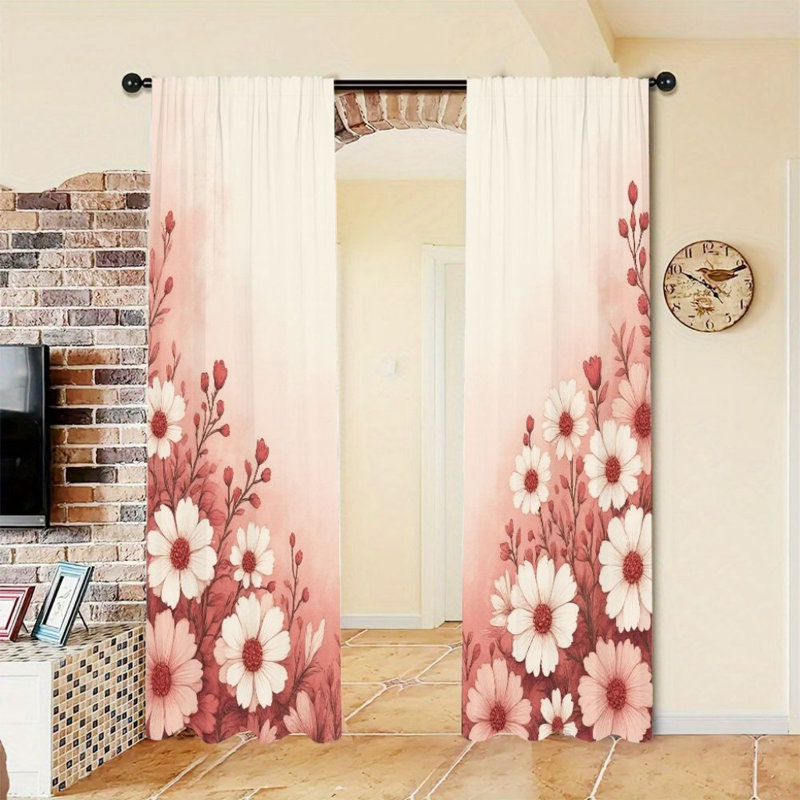 2Pcs Red Daisy Floral Curtains, Romantic Botanical Pattern, Rod Pocket Window Drapes, Elegant Farmhouse Style, Living Room Bedroom Study Window Decor