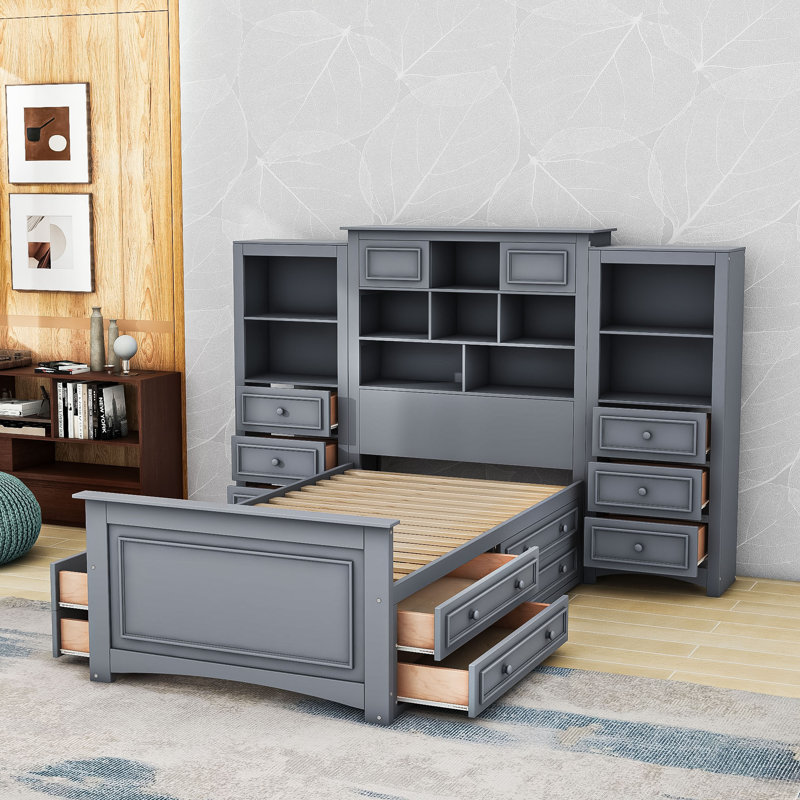 Lit plateforme simple en bois avec tiroirs de rangement et tête de lit, Gris