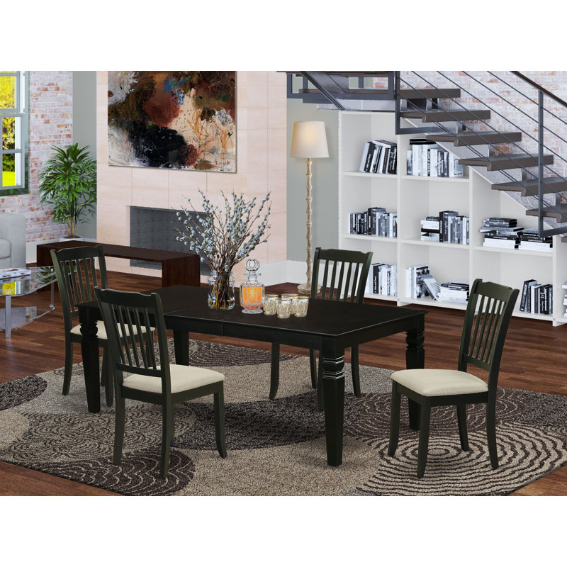 5 Piece Dinette Set Includes a Rectangle Dining Room Table with Butterfly Leaf and 4 Linen Fabric Dining Chairs, Black, Black