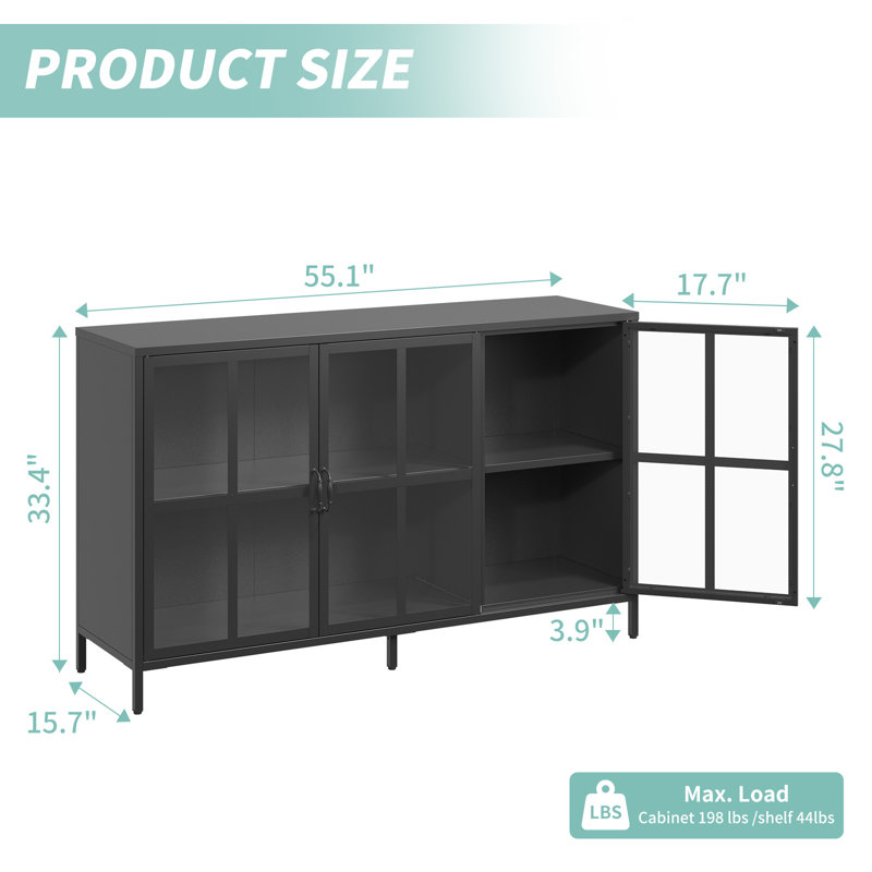 Metal Accent Cabinet with Three Tempered Glass Doors - Adjustable Feet, Multi-Room Use, Black