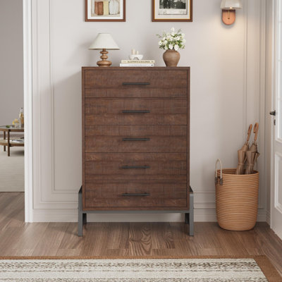 Commode haute en bois à 5 tiroirs avec rangement peu encombrant pour organisation de chambre à coucher, vestibule, couloir - tiroirs profonds pour rangement, assemblage facile - armoire compacte