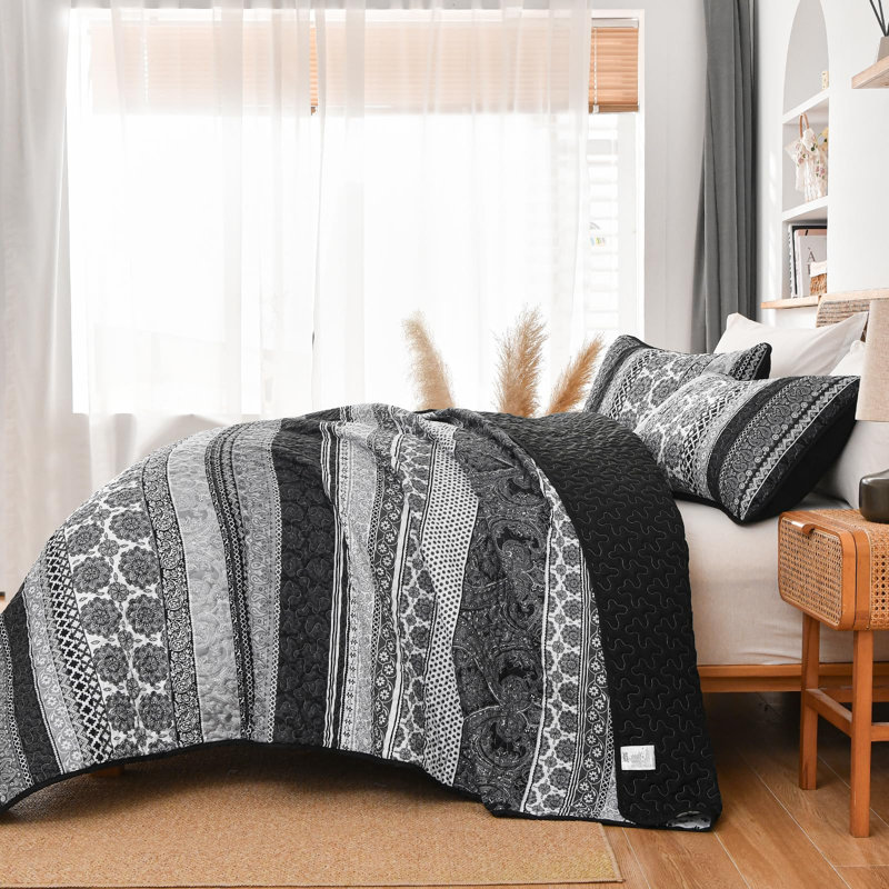 Ensemble de courtepointe 3 pièces Boho, Noir/gris, Courtepointe très grand et 2 très grandes taies 
