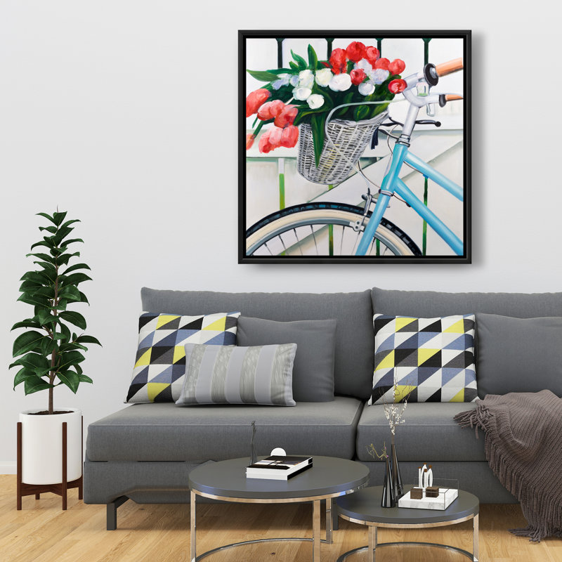 Vélo avec tulipes dans un panier - art floral rétro sur toile