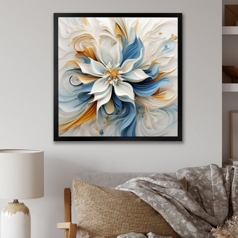 Abstrait fleur de magnolia blanc, bleu ambre - art mural fleurs, Cadre simple noir, H 24 po x l 24 po x P 1 po