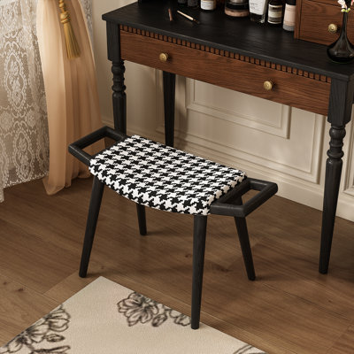 Tabouret de coiffeuse de 65 cm (25,59 po), tabouret de maquillage courbé incurvé de style français du milieu du siècle, coussin en tissu pied-de-poule avec pieds en bois massif pour chambre et garde-robe