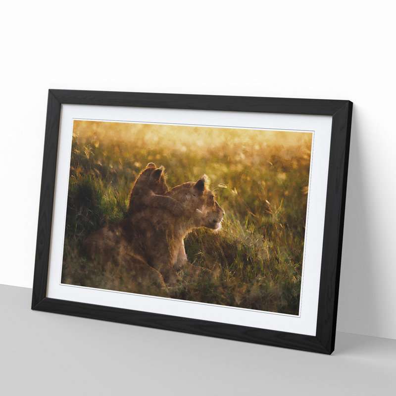 Lioness with Lion Cub - Framed Print, 36cm H x 48cm W x 2cm D, Black Framed