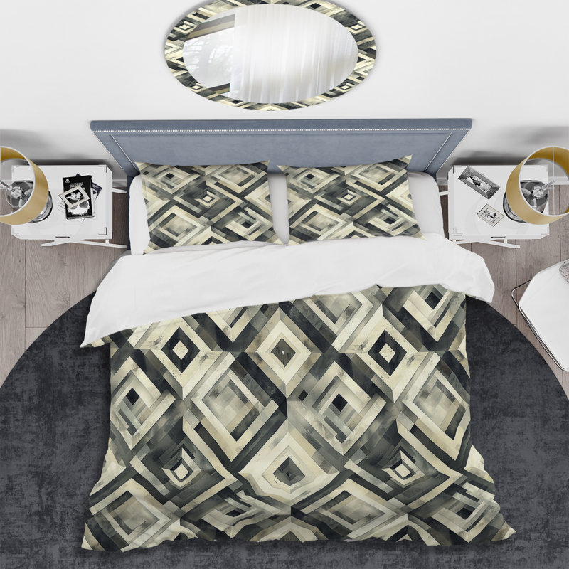 Ensemble de housse de couette moderne à motif floral noir et beige I, Housse de couette pour grand lit et 2 taies décor