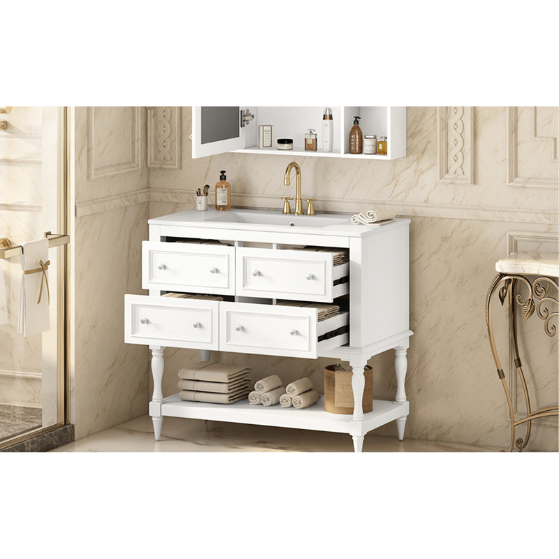 Meuble-lavabo de salle de bain 36 po - Blanc, structure en bois massif, 4 tiroirs, lavabo encastré en céramique, rangement fonctionnel avec lavabo 36 po, tablette spacieuse