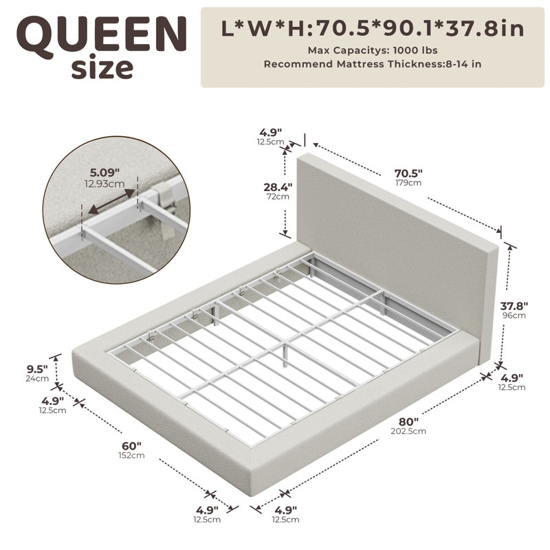 AirFrame Bed Frame with Headboard, Cloud Upholstered Platform Bed Frame, 5 Inch Foam Cushioned, No Box Spring, Easy Assembly(Cream Boucle)