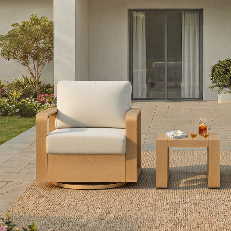 Fauteuil d'extérieur pivotant en aluminium avec table d'appoint, Grain du bois